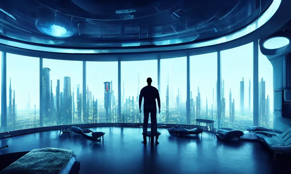 Image similar to a futuristic bedroom with large curved ceiling high windows looking out to a far future cyberpunk cityscape, a man standing at the window, flying futuristic drones outside, cyberpunk neon lights, raining, scifi