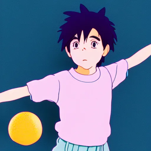 Image similar to a young boy with ball with a pastel aesthetic, studio ghibli, character design, fantasy, 8 k resolution