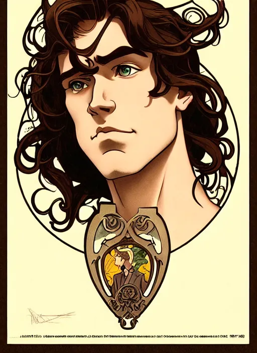 Image similar to art nouveau portrait of a handsome young man with curly light brown hair, brown eyes, serious facial expression, gloomy mood, annoyed, t - shirt, natural lighting, path traced, highly detailed, high quality, cartoon, digital painting, by don bluth and ross tran and studio ghibli and alphonse mucha