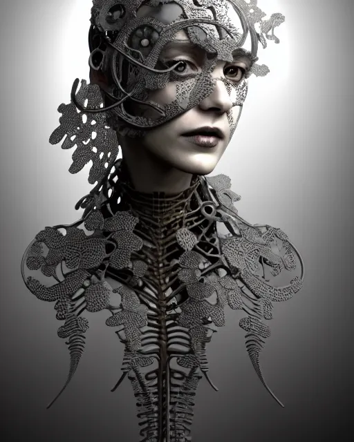 Image similar to monochrome 3 d model, 1 8 9 0 picture, silver lace floral steampunk biomechanical beautiful young female cyborg with porcelain profile face and a techno eye, volumetric light, leaves foliage and stems, hibiscus flowers, sinuous fine roots, fine foliage lace, alexander mcqueen, rim light, big gothic fashion pearl embroidered collar, octane render, 8 k