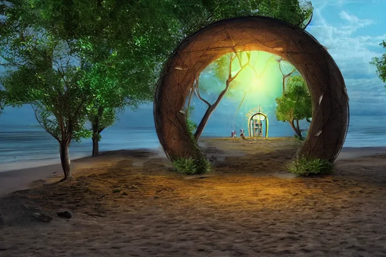 Image similar to a magical glowing portal in the middle of a city that leads to a beach, realistic