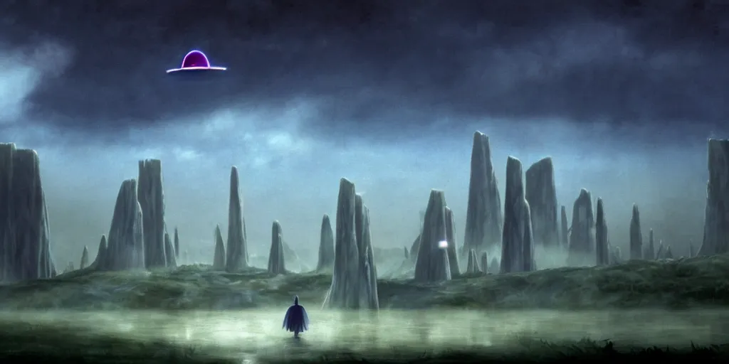 Prompt: a realistic and atmospheric cell - shaded concept art from howl's moving castle ( 2 0 0 4 ) of a ufo in the sky. a grey monk is standing in a futurist sci - fi city that looks like stonehenge in a flooded rainforest. it is a misty starry night. very dull muted colors, hd, 4 k, hq