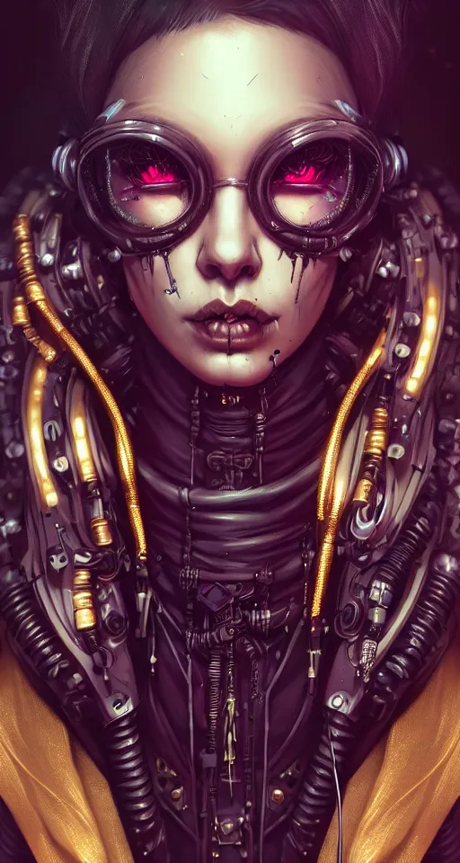 Image similar to soft lustrous ebony dark biotech raver gothic cyborg gutter punk, earbuds, golden ratio, details, scifi, fantasy, cyberpunk, intricate, decadent, highly detailed, digital painting, octane render, artstation, concept art, smooth, sharp focus, illustration, art by artgerm, loish, wlop