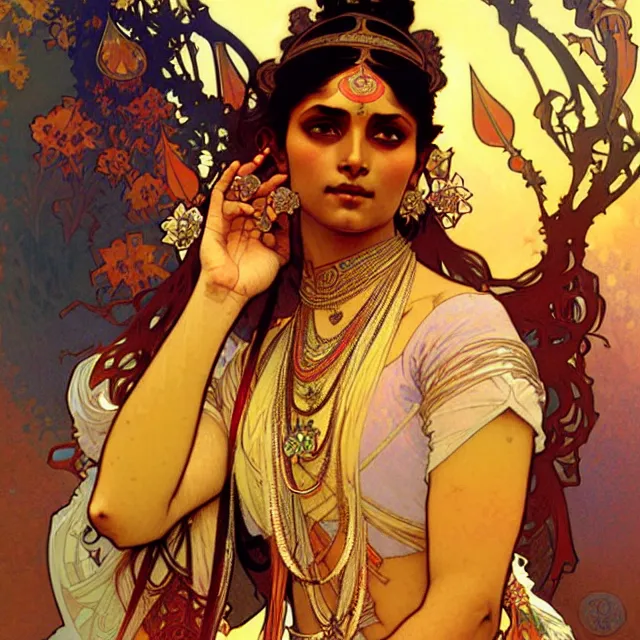 Prompt: an indian princess, art by alphonse mucha and greg rutkowski, elegant, extremely detailed