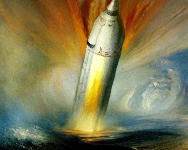 Image similar to an oil painting a saturn v rocket taking off, turner