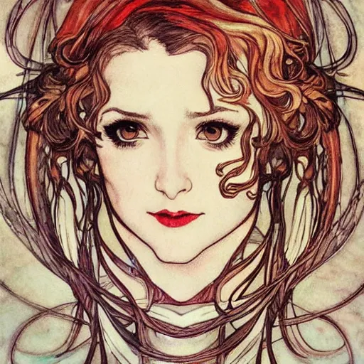 Image similar to in the style of artgerm, arthur rackham, alphonse mucha, evan rachel wood, symmetrical eyes, symmetrical face, flowing red dress