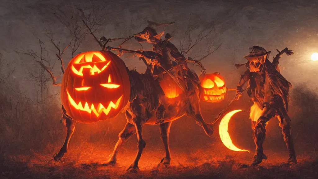 Image similar to a headless!!! colonial rider!!!! holding a jack - o - lantern on lone rampant!!! ( ( black horse ) ) with fiery eyes, background gnarled trees and large supermoon, in the styles of greg rutkowski, keith parkinson, and john quidor, intricate, detailed, volumetric lighting