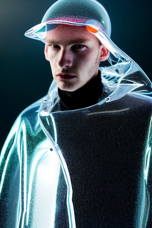 Prompt: an ultra high definition professional high fashion portrait studio full length photograph of a male model wearing a transparent pearlescent raincoat and neon visor in an icelandic black rock environment at dawn. no artefacts. extremely detailed. stark. refraction. shallow depth of field. volumetric light and shadow. ray tracing. light rays.