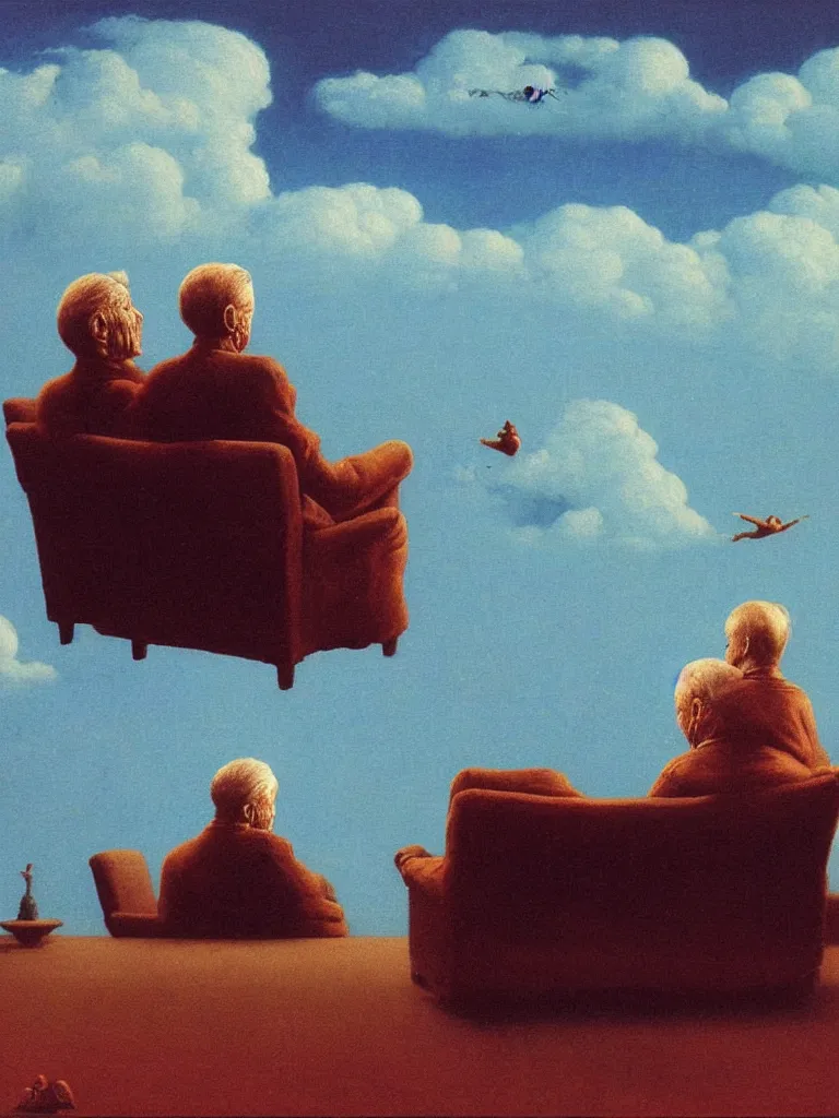 Prompt: old couple sitting on a couch in front of a boy in skies, psx game graphics , Beksinski painting