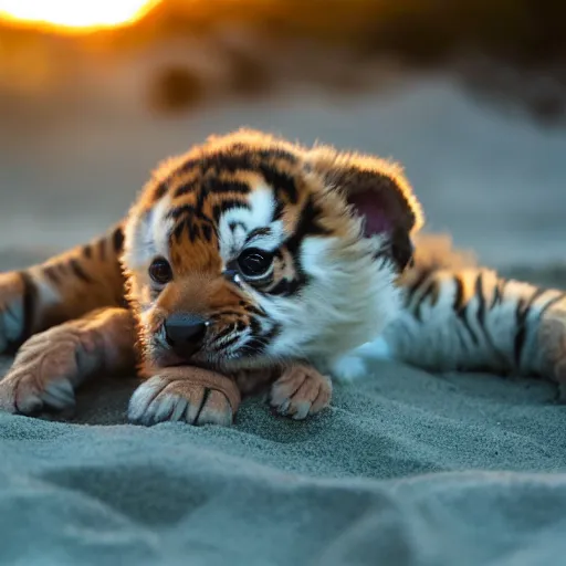 Image similar to a closeup photorealistic photograph of a cute smiling tiger bichon pup laying out at the beach during sunset. professional capture, well lit shot. this 4 k hd image is trending on artstation, featured on behance, well - rendered, extra crisp, features intricate detail, epic composition and the style of unreal engine.