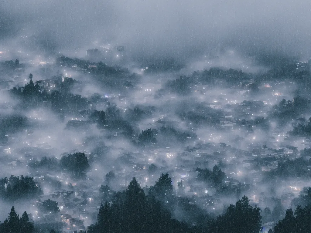 Prompt: rainy, foggy, city in the mountains with shades of blue 4k, 8k