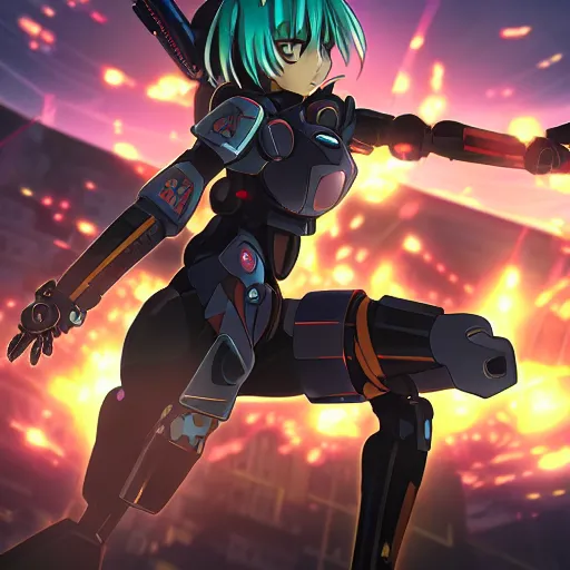 Image similar to anime girl as a general jumping at a enemy mecha, cyberpunk anime art, full body shot, lens flare, trending on artstation, award - winning