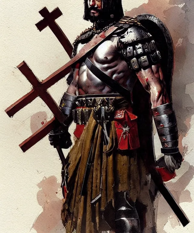 Prompt: muscular roman soldier with a white cross in the chest by simon bisley and greg rutkowski, full body armor! vivid color scheme