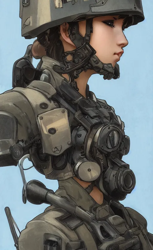 Image similar to front portrait of mechanized soldier girl, anime style, urban in background, soldier clothing, combat helmet, short hair, hair down, symmetrical facial features, from arknights, hyper realistic, 4 k, rule of thirds, extreme detail, detailed drawing, trending artstation, hd, d & d, realistic lighting, by alphonse mucha, greg rutkowski