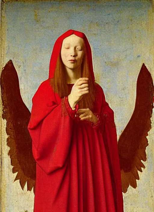 Image similar to Flying Fallen Angel with wings dressed in red, Medieval painting by Jan van Eyck, Johannes Vermeer, Florence