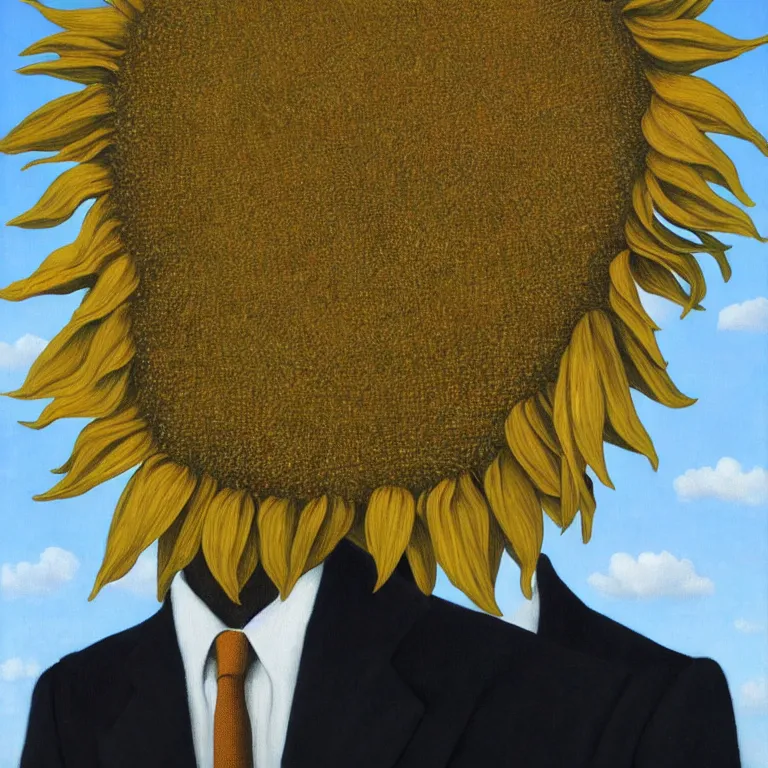 Image similar to portrait of a faceless sunflower - head man in a suit, clouds in the background, by rene magritte, detailed painting, distance, centered, hd, hq, high resolution, high detail, 4 k, 8 k