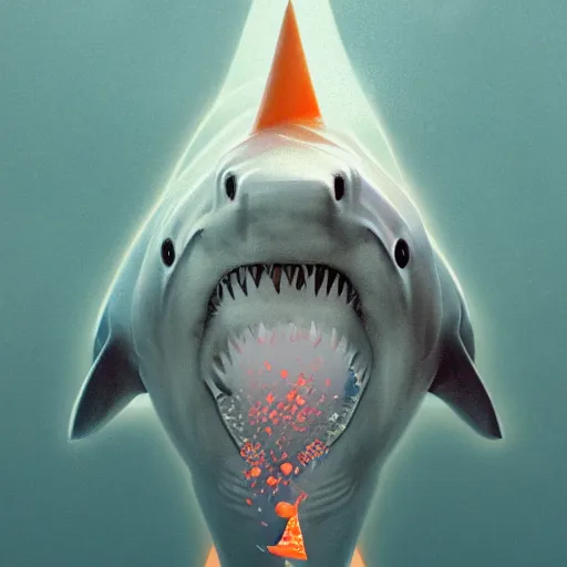 Image similar to great white shark, traffic cones as fins, underwater background detailed atmospheric - ron cheng & alphonse mucha, highly detailed, digital painting, ray tracing, concept art, illustration, smooth sharp focus, intricate, symmetry, artstation,