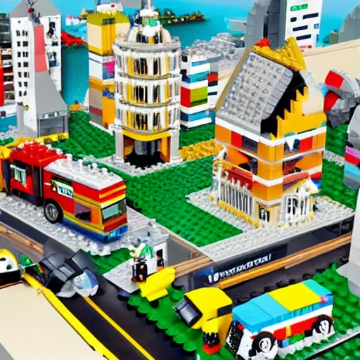 Prompt: unicorns drop giant blocks of cheese on lego city