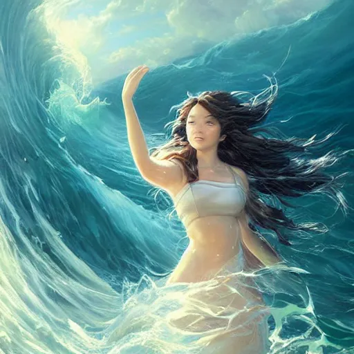 Prompt: portrait of beautiful woman in big waves at sea, long hair blowing in the wind, an oil painting by ross tran and thomas kincade, studio ghibli