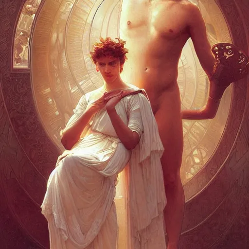 Image similar to portrait of a david and goliath, intricate, elegant, highly detailed, digital painting, artstation, concept art, smooth, sharp focus, illustration, art by artgerm and greg rutkowski and alphonse mucha and william - adolphe bouguereau