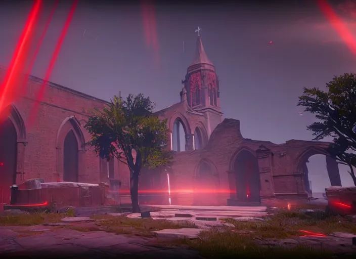 Image similar to ancient church with red shafts of light in destiny 2, foggy, liminal, dark, dystopian, beautiful architecture, abandoned, highly detailed 4 k 6 0 fps in - game destiny 2 gameplay screenshot leak