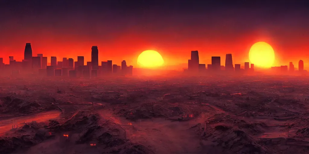 Image similar to nuclear winter, los angeles city, near future, fantasy, sci - fi, hyper realistic, serene, sunset.