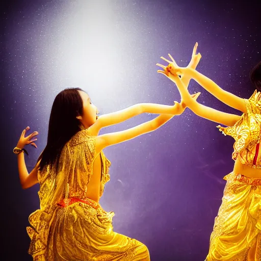 Image similar to two asian girls dancing, liquid golden and black fluid, magic hour, dramatic light, liquid painting, golden bodypaint, yellow and blue lightning, world best photography, indian patterns, bokeh, golden jewelry filigree, body detaily, ornaments, fresco by michaelangelo, golden rays, god rays, epic cinematic wallpaper