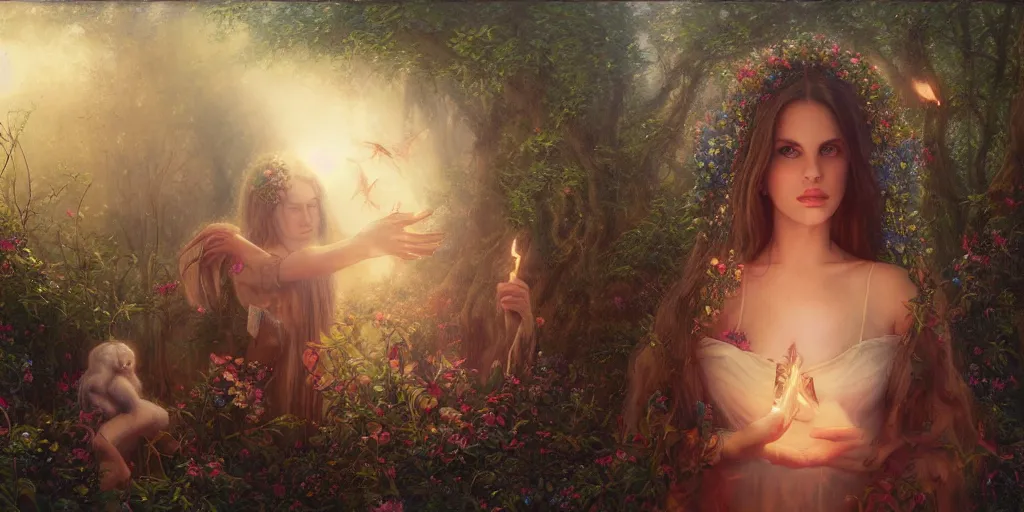 Image similar to big-eyed Lana Del Rey staring into the camera, sundown misty firefly wisps, Lilia Alvarado, Sophie Anderson, Mark Arian, Bob Byerley, Charlie Bowater, Mark Brooks, Steve Henderson, Justin Gerard, Arthur Hughes, Edward Robert Hughes, Mark Keathley, Victor Nizovtsev, Carlos Shwabe, Ross Tran, WLOP