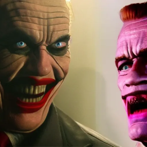 Prompt: awe inspiring Arnold Schwarzenegger playing The Joker 8k HDR movie still amazing lighting