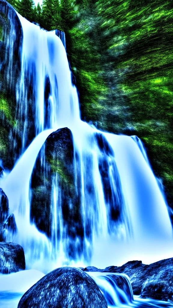 Image similar to highly detailed hd photo art of waterfall from ice mountains in the style of Greg Rutswoski, wide angle shot, concept art, 8K detail post-processing