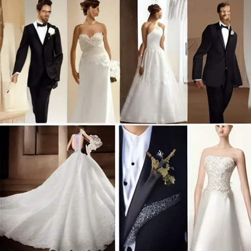 Image similar to a collage of wedding dresses and tuxedos