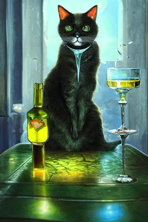 Prompt: a cute cat drinkng absinthe in Paris, vivid colors, high details, cinematic, 8k resolution, beautiful detailed, photorealistic, digital painting, artstation, concept art, smooth, sharp focus, illustration, fantasy background, artstation trending, octane render, unreal engine