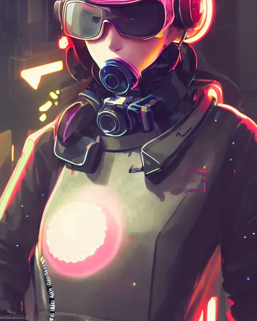 Image similar to kyoto animation, cool girl wearing cyberpunk mechanical futuristic streetwear, respirator, detailed portrait, cell shaded, 4 k, concept art, by wlop, ilya kuvshinov, artgerm, krenz cushart, greg rutkowski, pixiv. cinematic dramatic atmosphere, sharp focus, volumetric lighting, cinematic lighting, studio quality