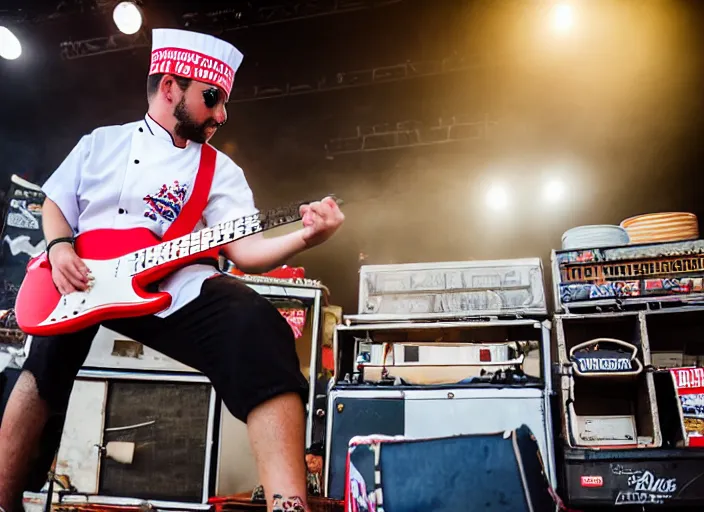 Image similar to photo still of chef boyardee on stage at vans warped tour!!!!!!!! at age 3 3 years old 3 3 years of age!!!!!!!! shredding on guitar, 8 k, 8 5 mm f 1. 8, studio lighting, rim light, right side key light