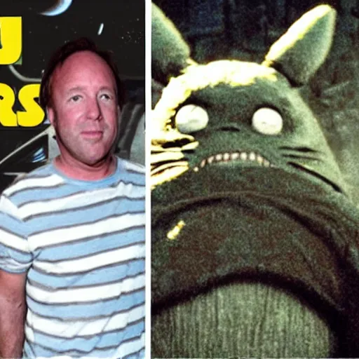 Prompt: photo of alex jones as totoro, sweaty, star wars film look