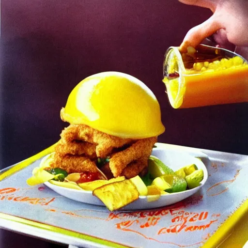 Image similar to 1980s Fast Food commercial photograph of a dish made with lemons, crispy chicken, fried pickles and jalepenos, Lemon sauce dripping over it