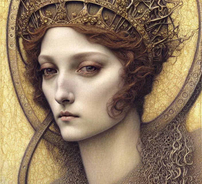 Image similar to detailed realistic beautiful young medieval queen face portrait by jean delville, gustave dore and marco mazzoni, art nouveau, symbolist, visionary, gothic, pre - raphaelite. horizontal symmetry