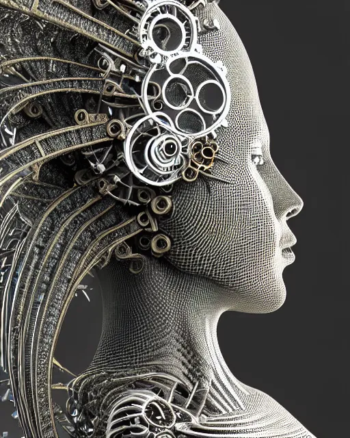 Image similar to mythical organic bio-mechanical spinal ribbed profile face portrait detail of silver mechanical beautiful female angelic-queen-vegetal-cyborg, highly detailed, intricate steampunk ornate, poetic, 3D render, digital art, octane render, 8K artistic photography, photo-realistic, by Dora Maar