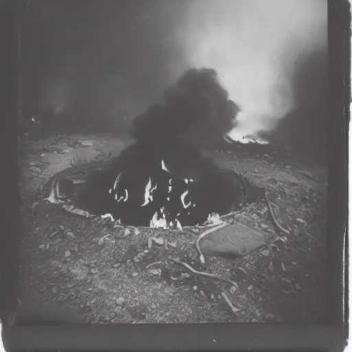 Image similar to old polaroid of a realistic gateway to hell, there flames everywhere, black and white