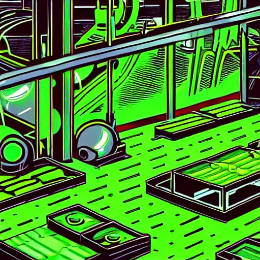 Prompt: a scifi illustration, factory interior with vats of neon green fluid. seen from above, parallax bloom effect, heavy linework line brush, graphic novel style