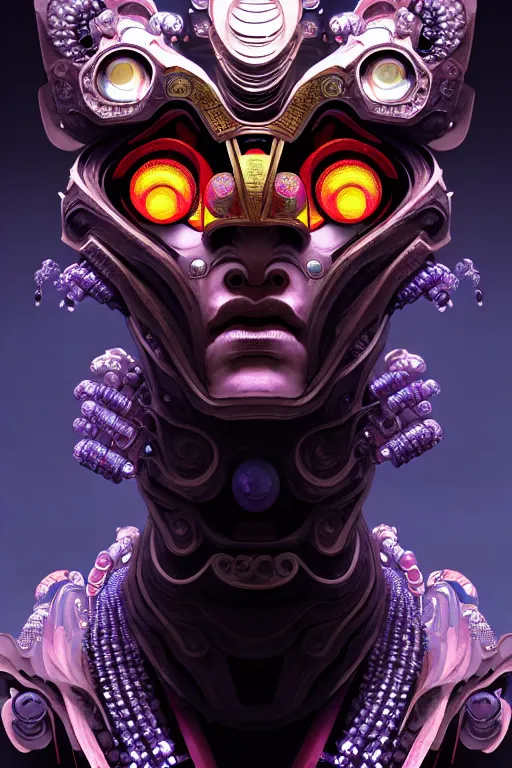 Image similar to asura from chinese myth, ghost, gorgeous and huge head ornaments, dystopian, cyberpunk, organic fractal mycelum and fungi, mecha, halfturn portrait of a big crystal face made of crystals half - turn, ominous, intricate, studio, art by anthony macbain + greg rutkowski + alphonse mucha, concept art, 4 k, sharp focus