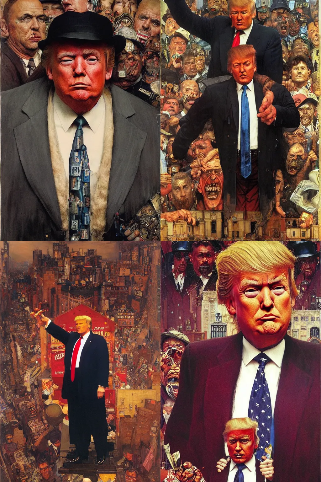 Prompt: full length portrait of huge giant donald trump dressed as gangster, new york, painted by lawrence alma tadema, zdzislaw beksinski, norman rockwell, jack kirby, tom lovell, greg staples