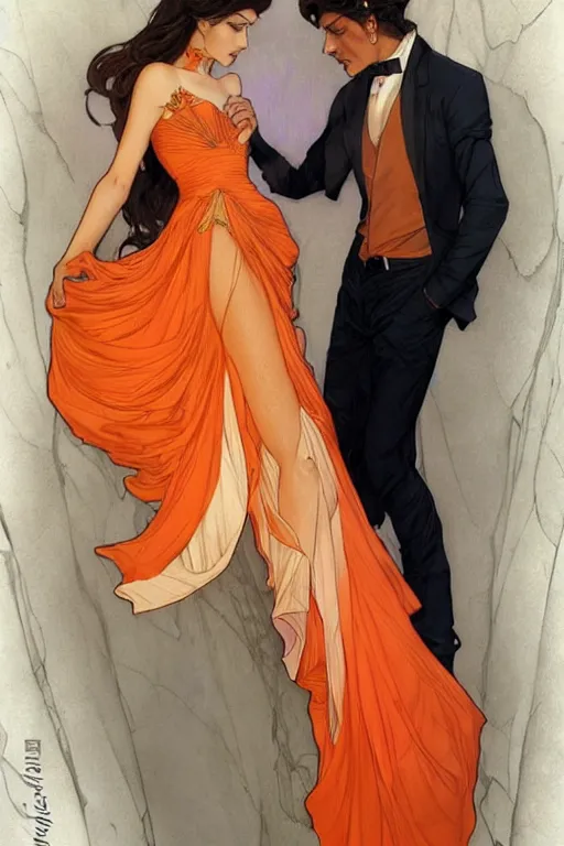 Image similar to man in orange shirt fastens beautiful dress of his spouse before going to exquisite gala art by artgerm and greg rutkowski and charlie bowater and magali villeneuve and alphonse mucha