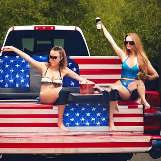 Image similar to photo of woman in the back of a pickup truck wearing bikinis drinking beer waving the american flag.