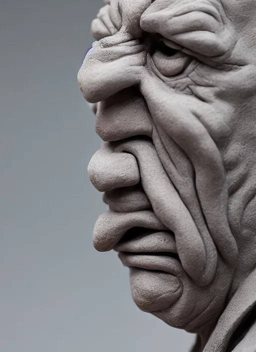 Prompt: a clay sculpture of an angry old man by philippe faraut, bokeh, soft light