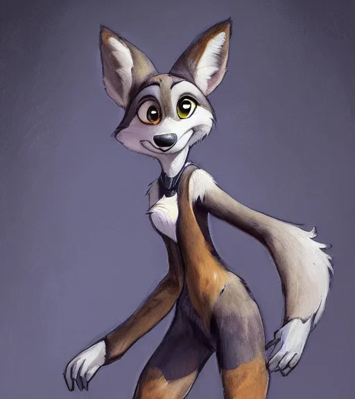 Image similar to oil painting of full body of anthromorphic female wolf, in style of zootopia, zootopia, zootopia, fursona, furry, furaffinity, 4 k, deviantart, furry art, fursona art, wearing black business suit, business suit, in style of zootopia, wolf fursona, cyberpunk, female, expressive detailed feminine face,