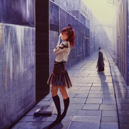 Prompt: a perfect, realistic professional oil painting of a Japanese schoolgirl posing in a dystopian alleyway, style of Marvel, full length, by a professional American senior artist on ArtStation, a high-quality hollywood-style concept