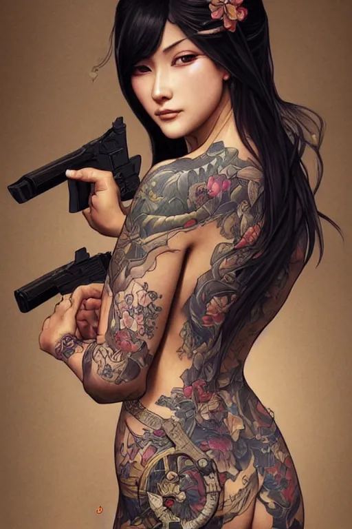 Prompt: tattooed yakuza girl holding a gun, intricate, elegant, highly detailed, digital painting, artstation, concept art, smooth, sharp focus, illustration, art by artgerm and greg rutkowski and alphonse mucha and william - adolphe bouguereau