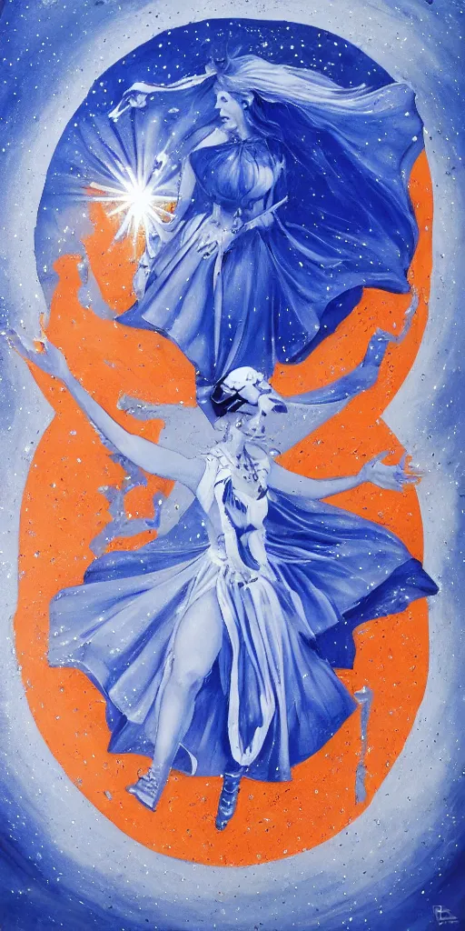 Image similar to full body of princess of mars theme inspired wearing blue and white carved details moving dress, she is floating in the air, planet mars in the background, open sky, highly detailed, mystical, little orange fog, circle forms, iper realistic, paint on canvas