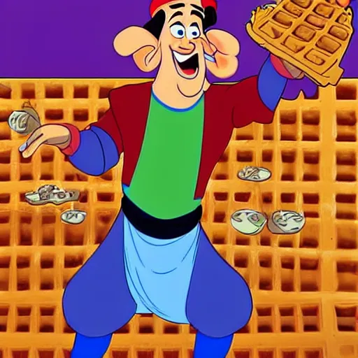 Image similar to the genie from aladdin hates waffles, he hates waffles so much, he wants to destroy any waffle he sees. the genie from aladdin sees some waffles right now